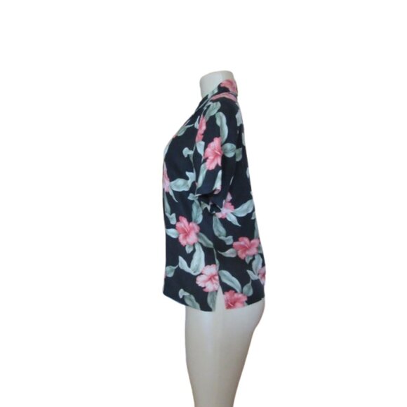 Tommy Bahama Floral Button-Up Shirt Black w Pink Hibiscus 100% Silk Size S - Picture 3 of 5